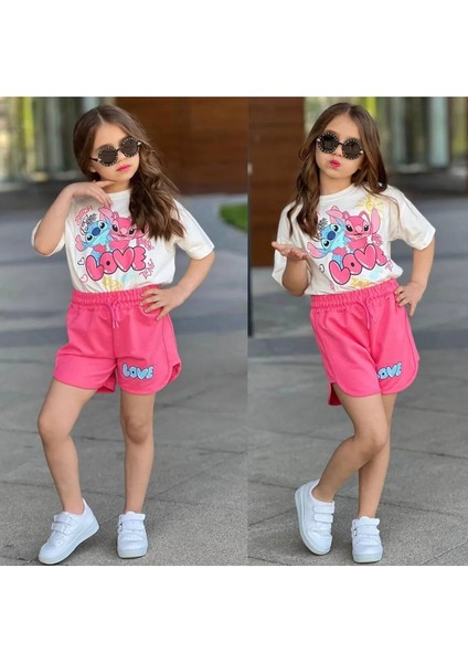 Kız Çocuk Love Stitch Baskılı T-Shirt-Şort 2'li Alt-Üst Takım Pembe Renk Şort