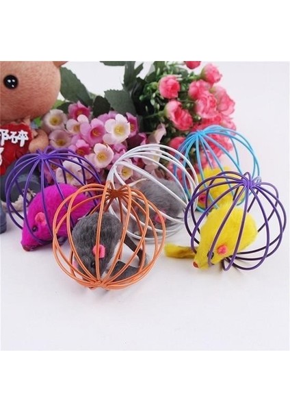Buffer® Renkli Metal Kafesli Peluş Fareli Kedi Köpek Oyuncağı Oyun Topu 6 cm