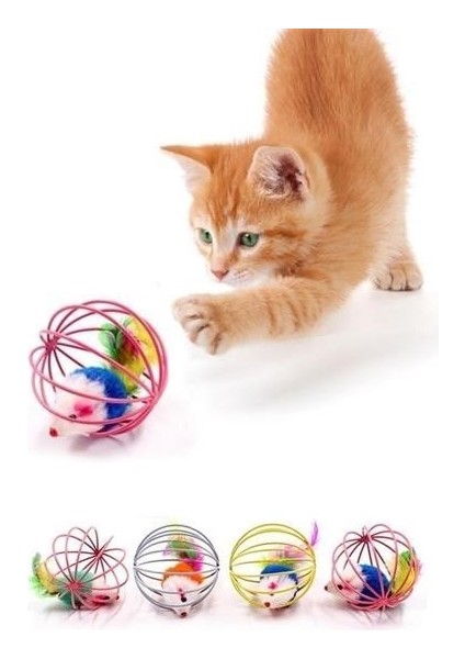 Buffer® Renkli Metal Kafesli Peluş Fareli Kedi Köpek Oyuncağı Oyun Topu 6 cm