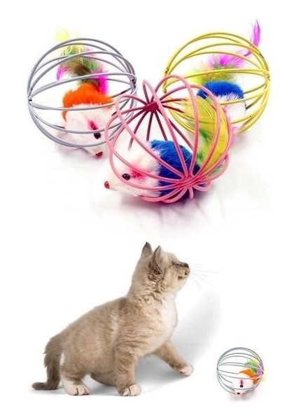 Buffer® Renkli Metal Kafesli Peluş Fareli Kedi Köpek Oyuncağı Oyun Topu 6 cm