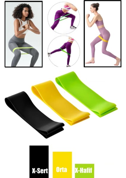 3'lü Set Direnç Bandı 60 cm (X-Hafif - Orta- X-Sert) Pilates Egzersiz Yoga - Mini Loop Band