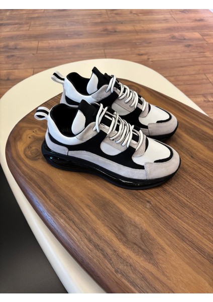 1098 Beyaz Siyah - Siyah Taban Hakiki Deri Erkek Sneakers