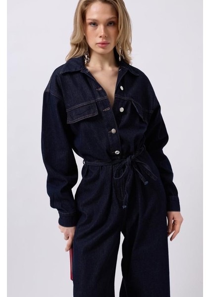 Düğme Detaylı Denim Tulum modelleri