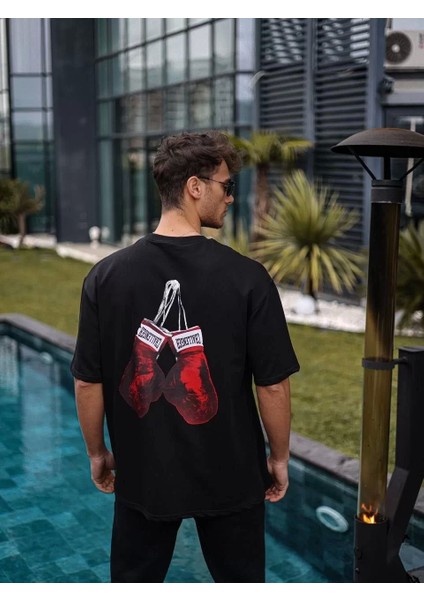 Unisex Bisiklet Yaka Baskılı Oversize T-Shirt - Siyah