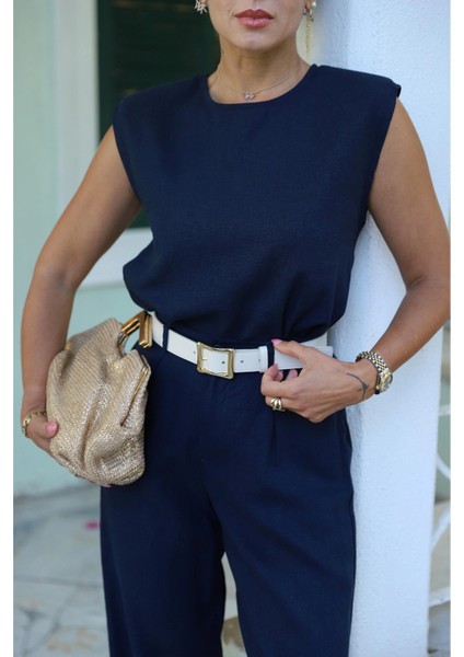 Lacivert Keten Vatkalı Bluz Pantolon Takım fırsatları