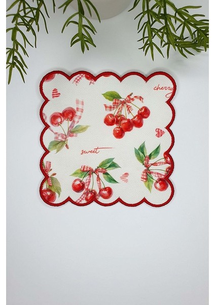 Sulu Boya Kiraz ve Yazı Desenli Nakış Kenar Kumaş Kokteyl Peçetesi 1 Adet