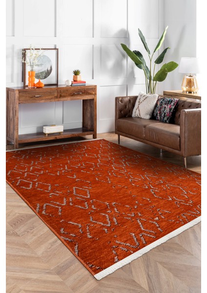 Akasya Kiremit Rengi Baklava Desenli Halı – Yumuşak, Kaymaz, Yıkanabilir ve Şık Tasarım - 80 x 120 cm
