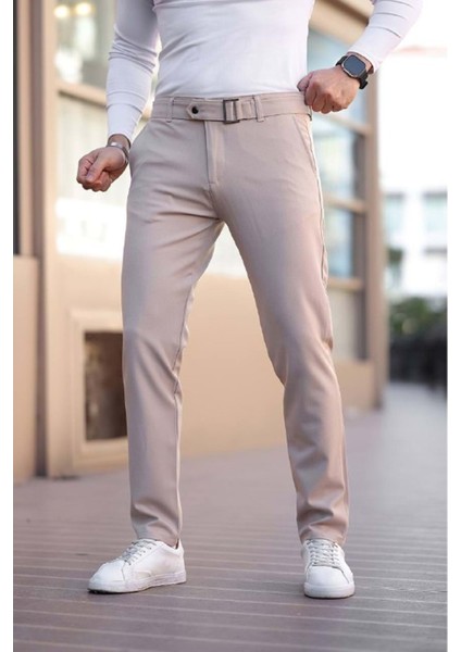 Yan Cepli Kendinden Kemerli Likralı Bej Pantolon