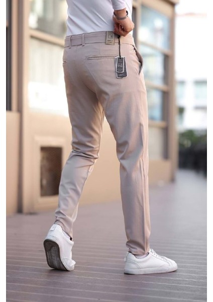 Yan Cepli Kendinden Kemerli Likralı Bej Pantolon fiyatları