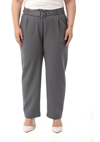 Büyük Beden Önü Pileli Cepli Kemerli Antrasit Pantolon