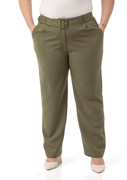 Büyük Beden Önü Pileli Cepli Kemerli Haki Pantolon