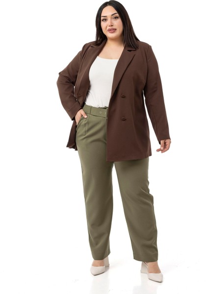 Büyük Beden Önü Pileli Cepli Kemerli Haki Pantolon fiyatları