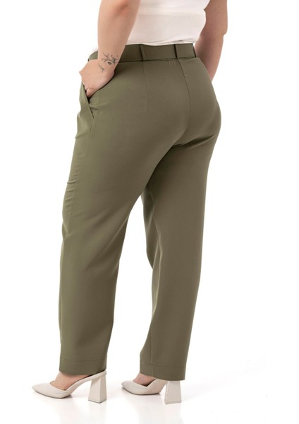 Büyük Beden Önü Pileli Cepli Kemerli Haki Pantolon modelleri