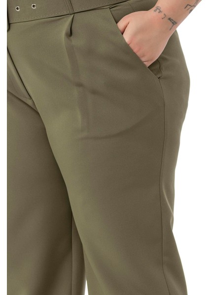Büyük Beden Önü Pileli Cepli Kemerli Haki Pantolon indirimleri