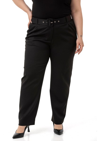 Büyük Beden Önü Pileli Cepli Kemerli Siyah Pantolon