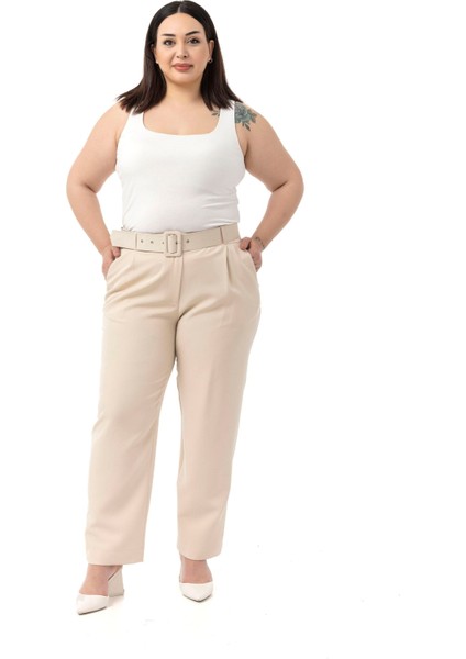 Büyük Beden Önü Pileli Cepli Kemerli Bej Rengi Pantolon fiyatları