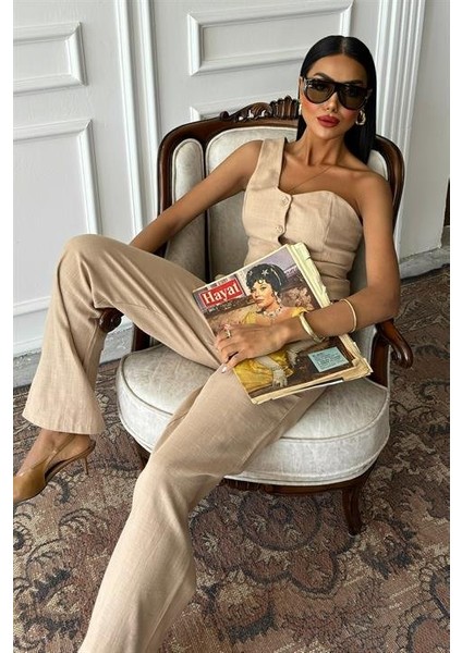 Tek Omuz Büstiyer Plazzo Pantolon Viscon Takım fiyatları