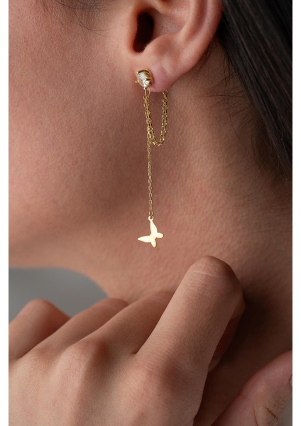 925 Ayar Gümüş Gold Kaplama 5 mm Tektaş Sallantılı Zincir Taşsız Kelebek Küpe