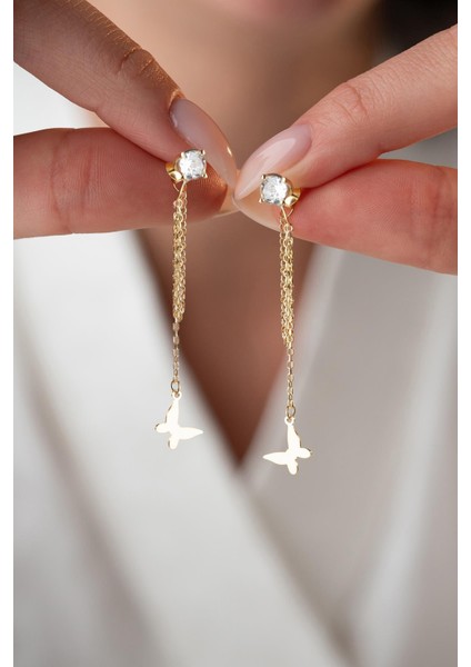 925 Ayar Gümüş Gold Kaplama 5 mm Tektaş Sallantılı Zincir Taşsız Kelebek Küpe fiyatları