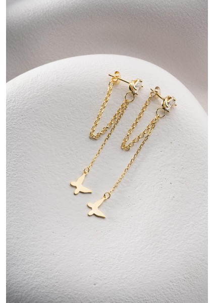 925 Ayar Gümüş Gold Kaplama 5 mm Tektaş Sallantılı Zincir Taşsız Kelebek Küpe modelleri