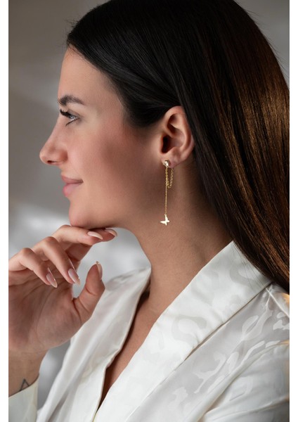 925 Ayar Gümüş Gold Kaplama 5 mm Tektaş Sallantılı Zincir Taşsız Kelebek Küpe fırsatları