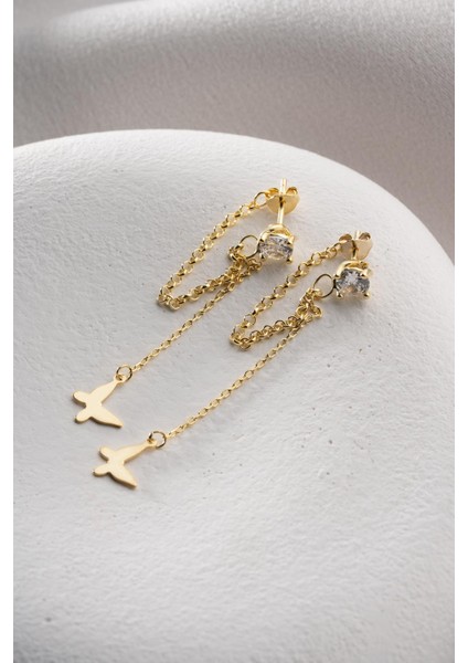 925 Ayar Gümüş Gold Kaplama 5 mm Tektaş Sallantılı Zincir Taşsız Kelebek Küpe indirimleri