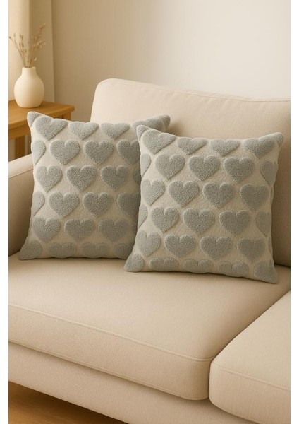 2'li Peluş Kalp Desenli Kırlent Kılıfı 45X45 cm | Fermuarlı Dekoratif Yastık Kılıfı