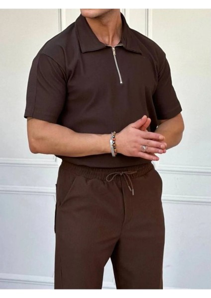 Unisex Erkek-Kadın Fitilli Polo Yakası Fermuarlı Ottoman T-Shirt