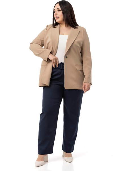 Büyük Beden Önü Pileli Cepli Kemerli Lacivert Pantolon fiyatları