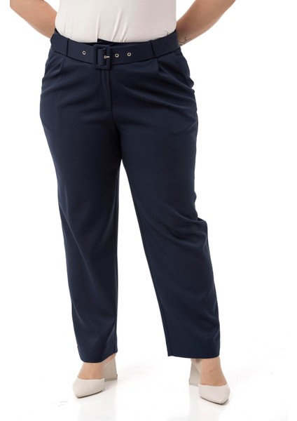 Büyük Beden Önü Pileli Cepli Kemerli Lacivert Pantolon fırsatları