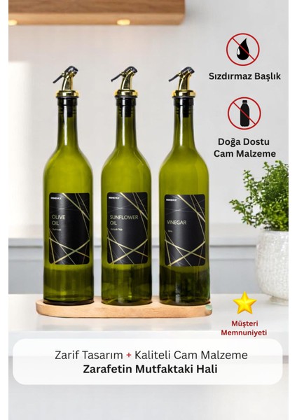 Ahşap Stantlı 3'lü Gold Etiketli Zeytinyağı Ayçiçek Yağı Cam Sirke Şişesi 750 Ml