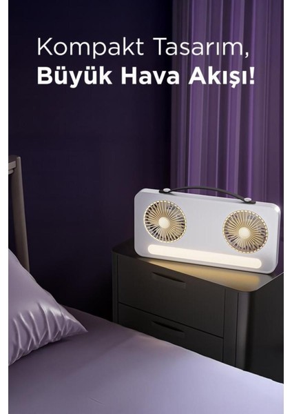 LED Işıklı Çift Fanlı Mini Masaüstü Vantilatör 1200MAH Şarjlı Taşınabilir Fan modelleri