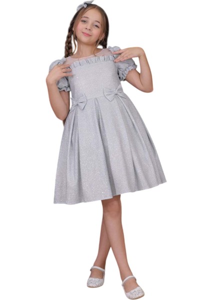 Kız Çocuk Yakası Tüllü Boydan Pulpayet Işlemeli Omuzu Fiyonk Detaylı Gold Elbise fiyatları