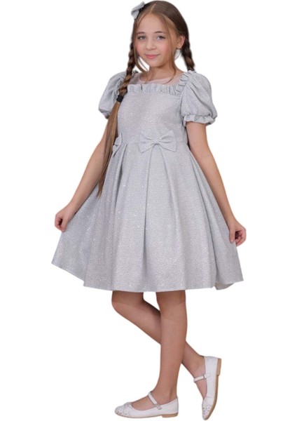 Kız Çocuk Yakası Tüllü Boydan Pulpayet Işlemeli Omuzu Fiyonk Detaylı Gold Elbise fırsatları