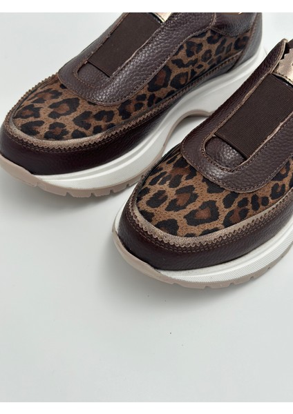 Kadın Kahve Hakiki Deri Leopar Sneaker