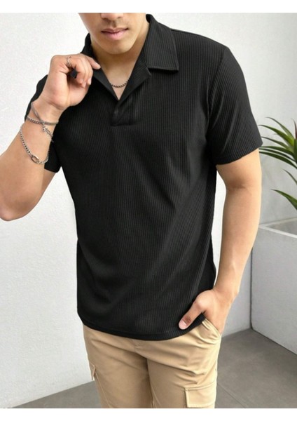 Unisex Erkek-Kadın Fitilli Polo Yaka Triko T-Shirt