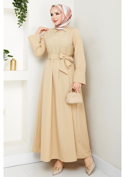 Seliz Yandan Düğmeli Elbise 1528 - Bej modelleri