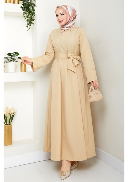 Seliz Yandan Düğmeli Elbise 1528 - Bej indirimleri