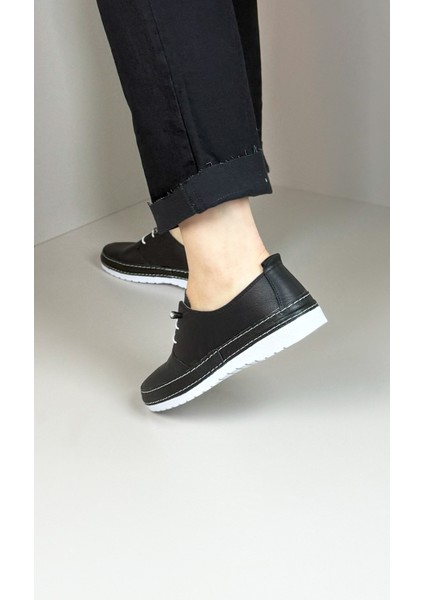 Noira Siyah Lastik Bağcıklı Tabana Dikişli Günlük Deri Ayakkabı