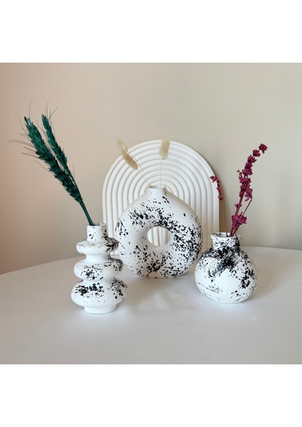 El Yapımı Siyah Beyaz Sıçratma Desenli 3'lü Mini Vazo Seti - Modern Dekoratif Vazo