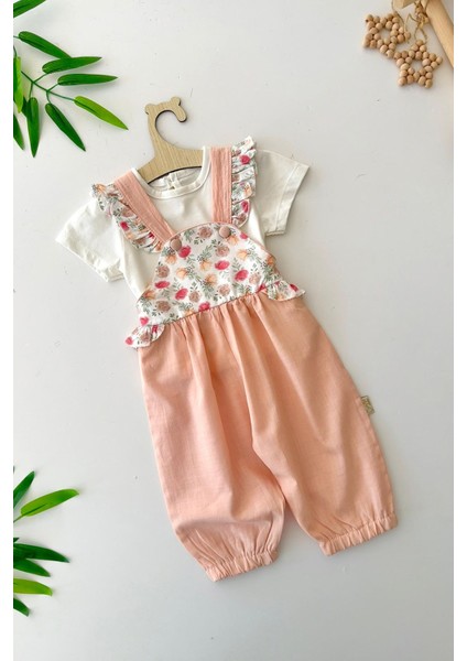 Gül Desenli Fırfır Askılı Kız Bebek Şort Tulum 2 li takım - Somon