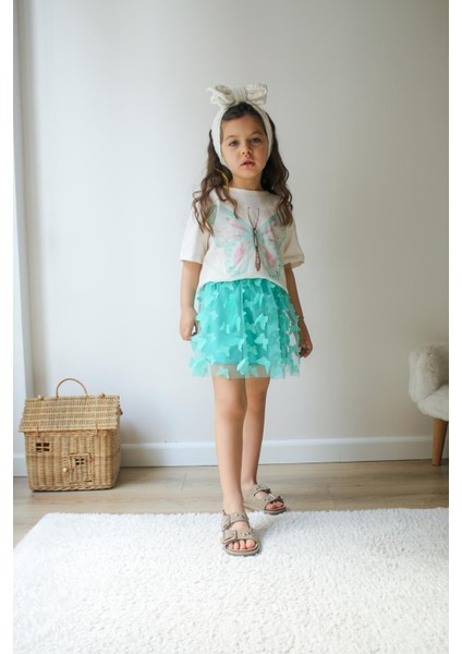 Kız Çocuk Simli Kelebek Baskılı Beli Lastikli Eteği Astarlı Pamuklu Kumaş Yeşil Renk Alt Üst Etekli Takım