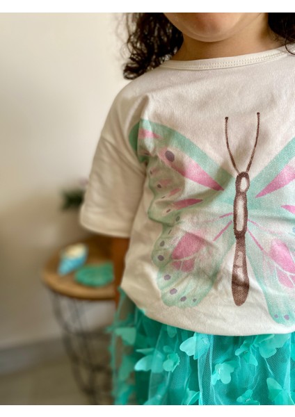 Kız Çocuk Simli Kelebek Baskılı Beli Lastikli Eteği Astarlı Pamuklu Kumaş Yeşil Renk Alt Üst Etekli Takım modelleri