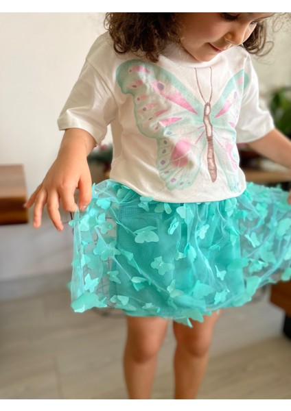 Kız Çocuk Simli Kelebek Baskılı Beli Lastikli Eteği Astarlı Pamuklu Kumaş Yeşil Renk Alt Üst Etekli Takım fırsatları