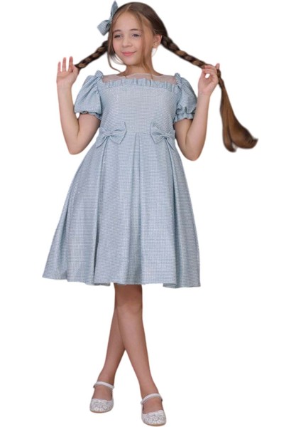 Kız Çocuk Üzeri Çiçek Pulpayet Işlemeli Omuzda Fiyonk Detaylı Şeffaf Tül Balon Kollu Somon Elbise