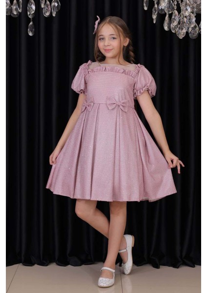 Kız Çocuk Üzeri Çiçek Pulpayet Işlemeli Omuzda Fiyonk Detaylı Şeffaf Tül Balon Kollu Somon Elbise fiyatları