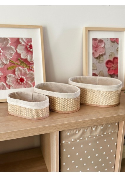 Beige Hasır 3lü Oval Sepet