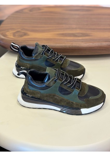 1098 Haki Siyah Hakiki Deri Erkek Sneakers