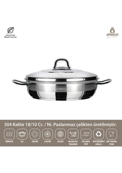 Saphire Paslanmaz Çelik Basık Tencere 32X10 - Çelik Kapak