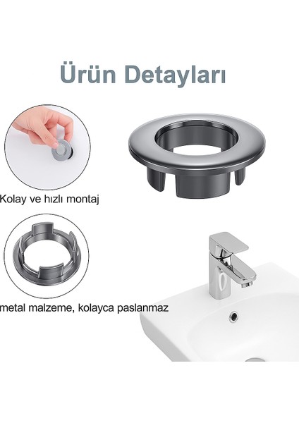 Parlak Krom Görünümlü Lavabo Taşma Yüzüğü - Dayanıklı Metal Evye Taşma Halkası 1 Adet